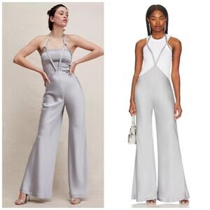 NWT Norma Kamali Silver Satin Halter Bias Overall Pants $315 Medium